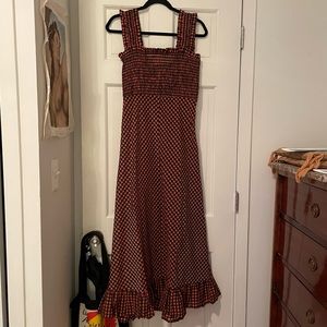 NWOT Ganni seersucker gingham smocked dress with ruffle hem